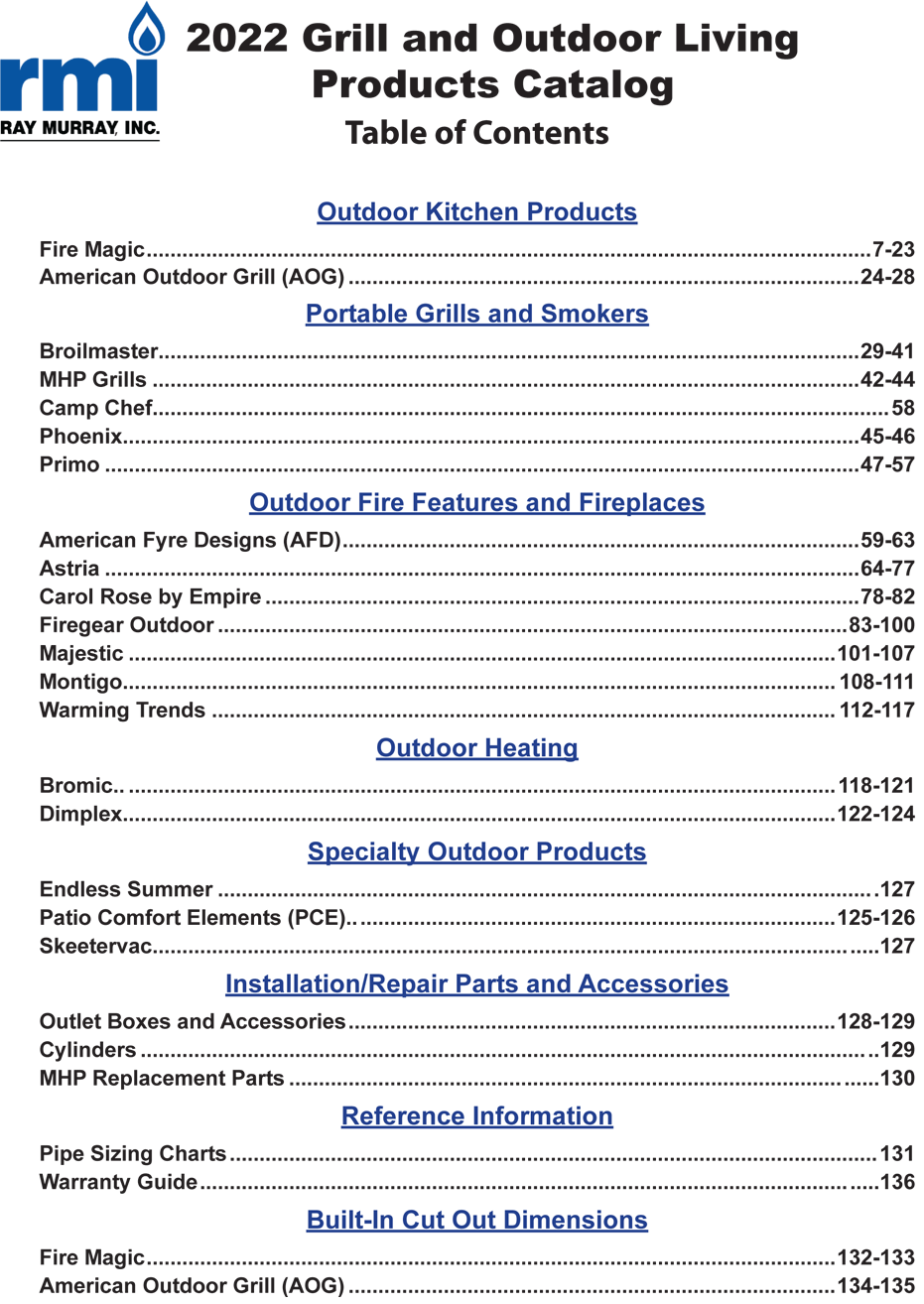 2022 Grill Catalog Table of Contents